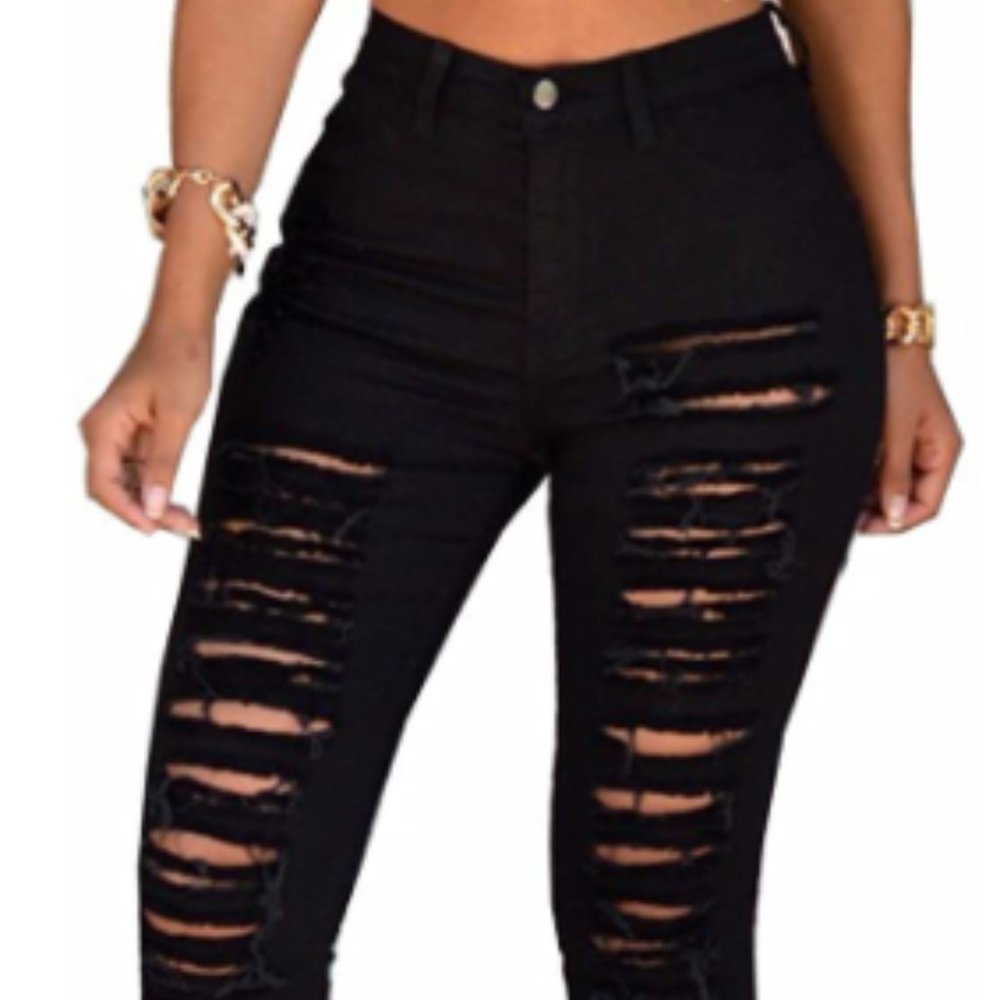 High Waisted Ripped Skinny Denim Pants Long Stretch
